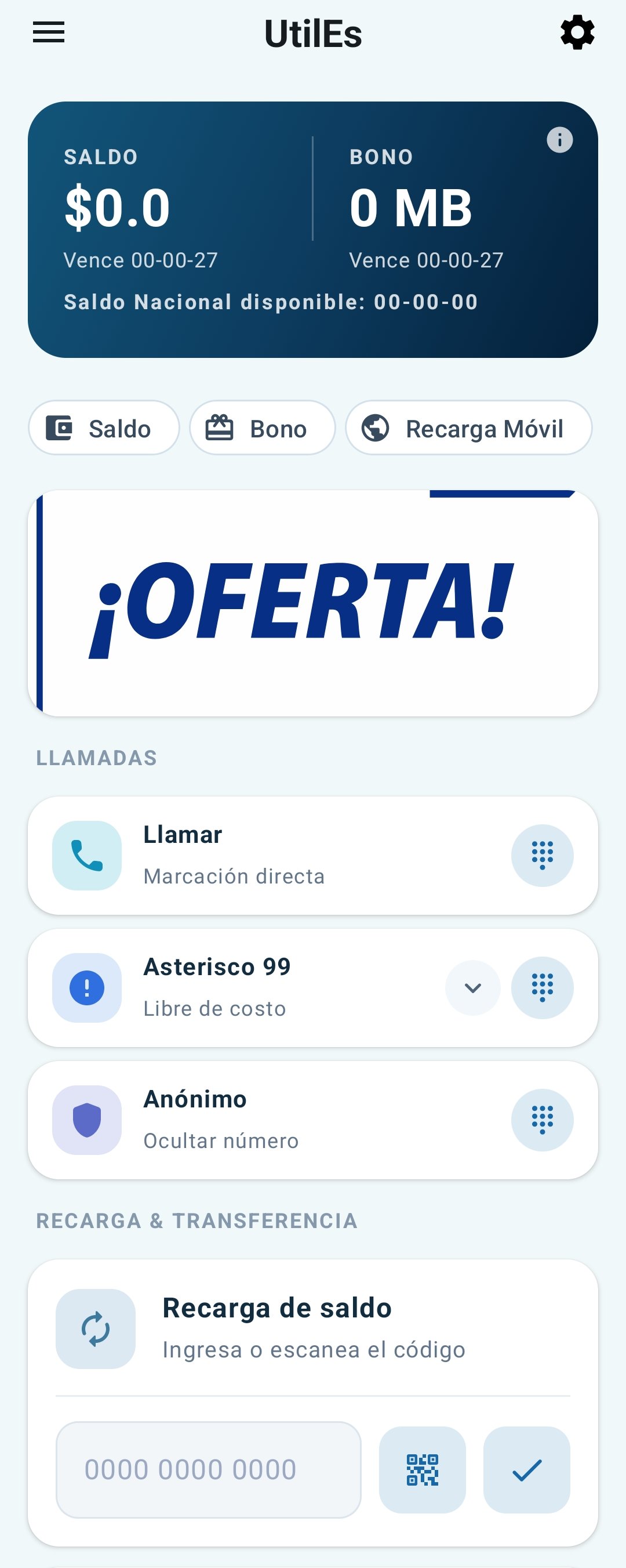 Pantalla principal de la app UtilEs mostrando saldo, bono y opciones de recarga